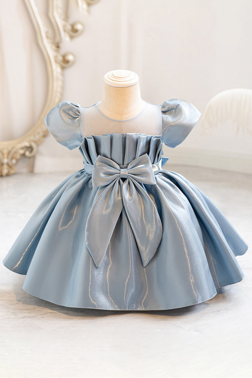 Blue Grey Iridescent Organza Puff Sleeve A-Line Party Flower Girl Dress