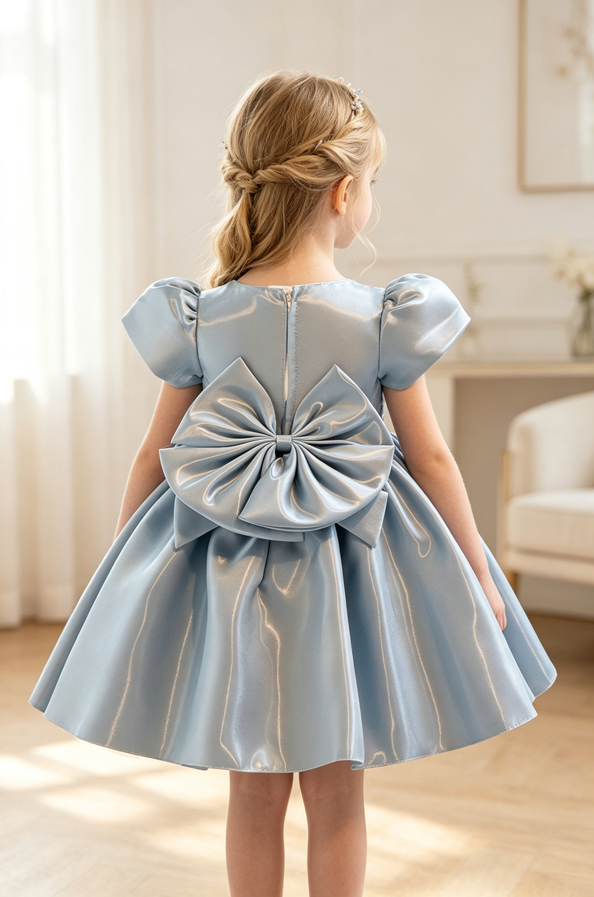 Blue Grey Iridescent Organza Puff Sleeve A-Line Party Flower Girl Dress
