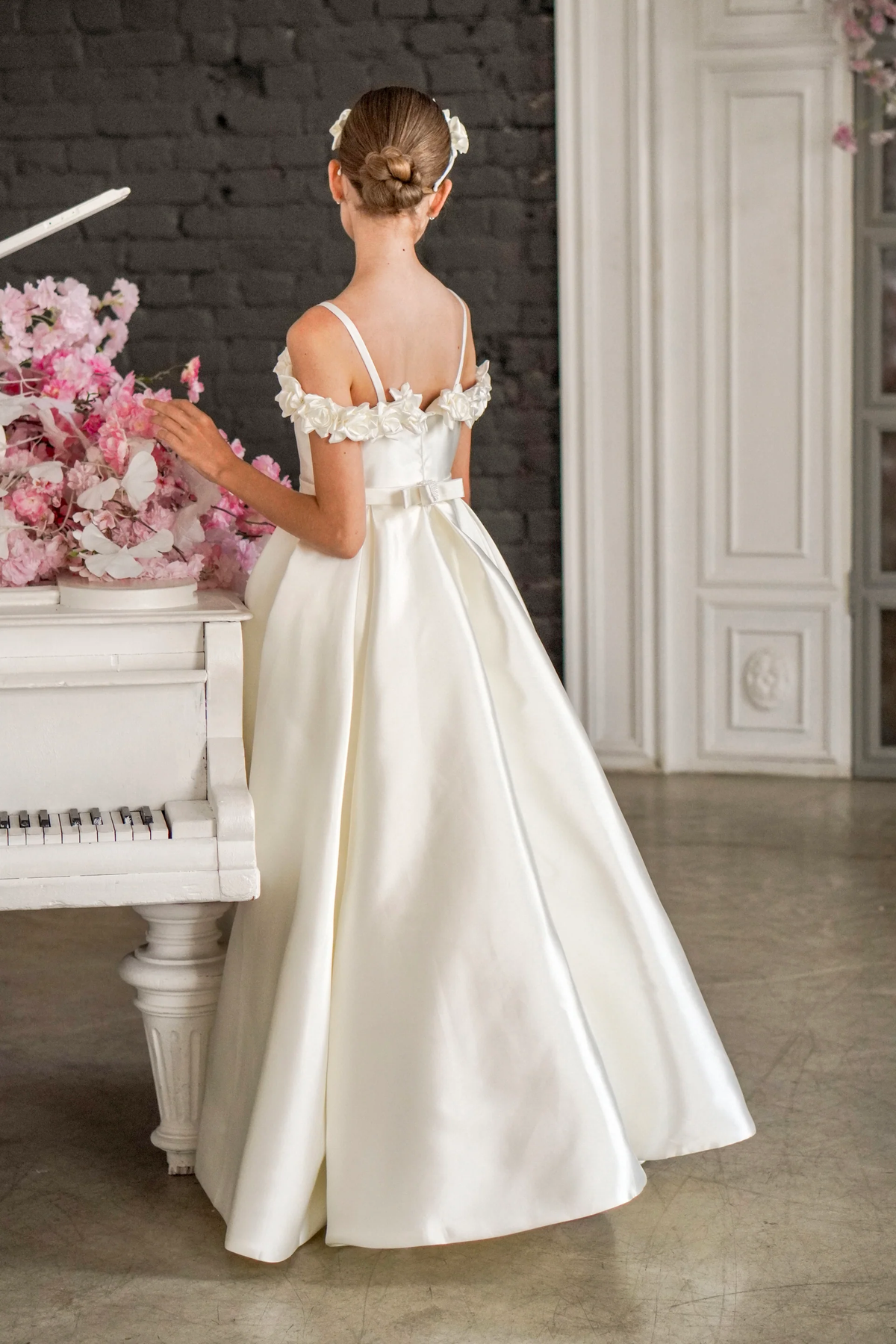 Cream White Satin Off Shoulder Spaghetti Strap A-Line Flower Girl Dress