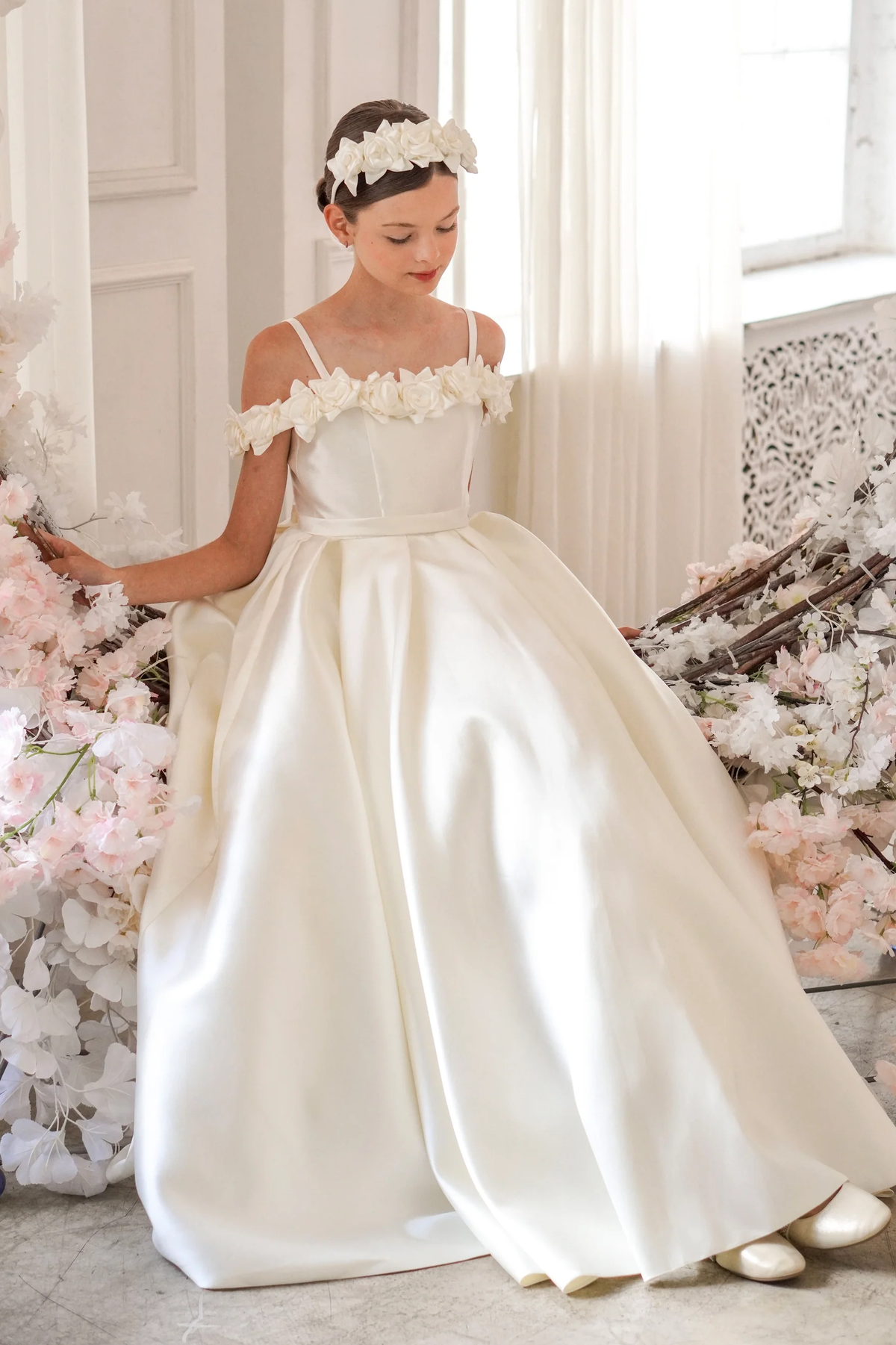 Cream White Satin Off Shoulder Spaghetti Strap A-Line Flower Girl Dress