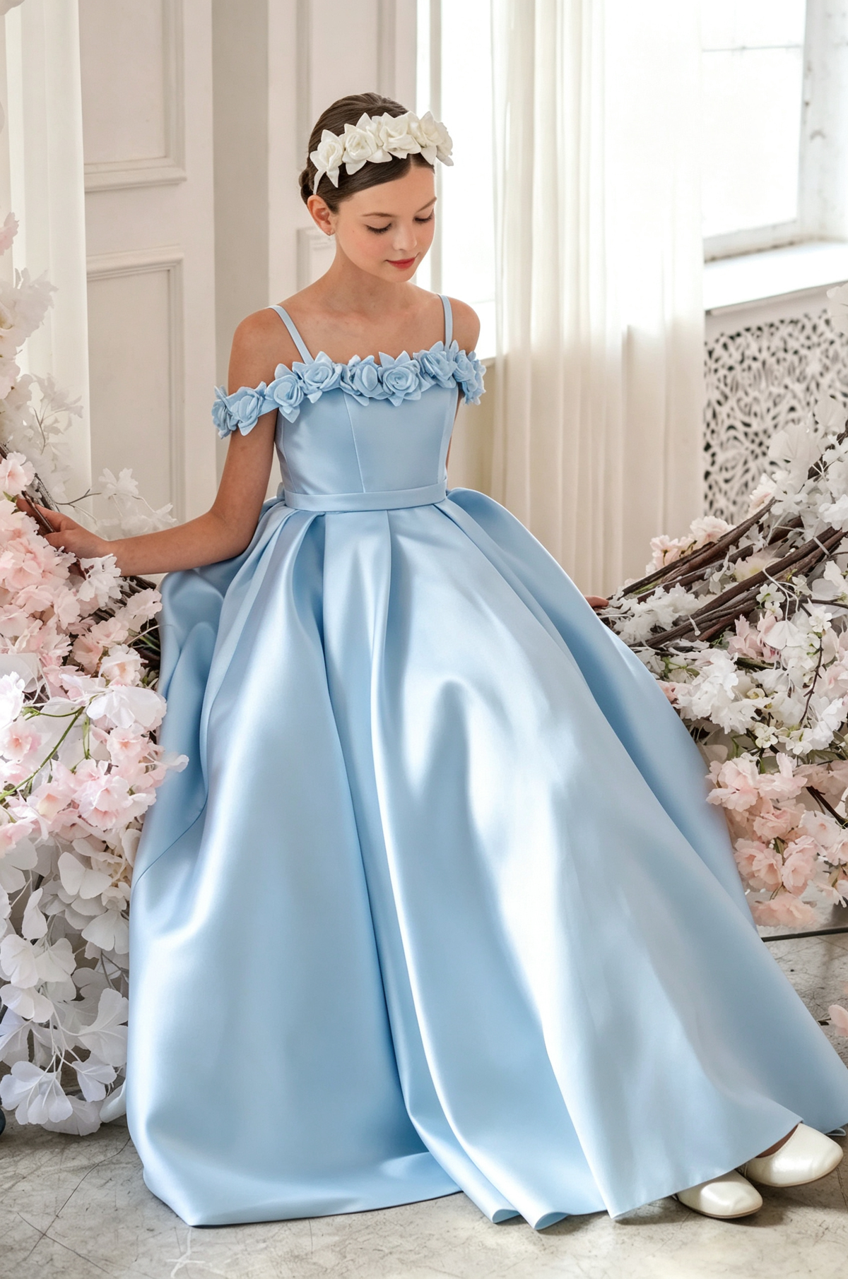 Cream White Satin Off Shoulder Spaghetti Strap A-Line Flower Girl Dress