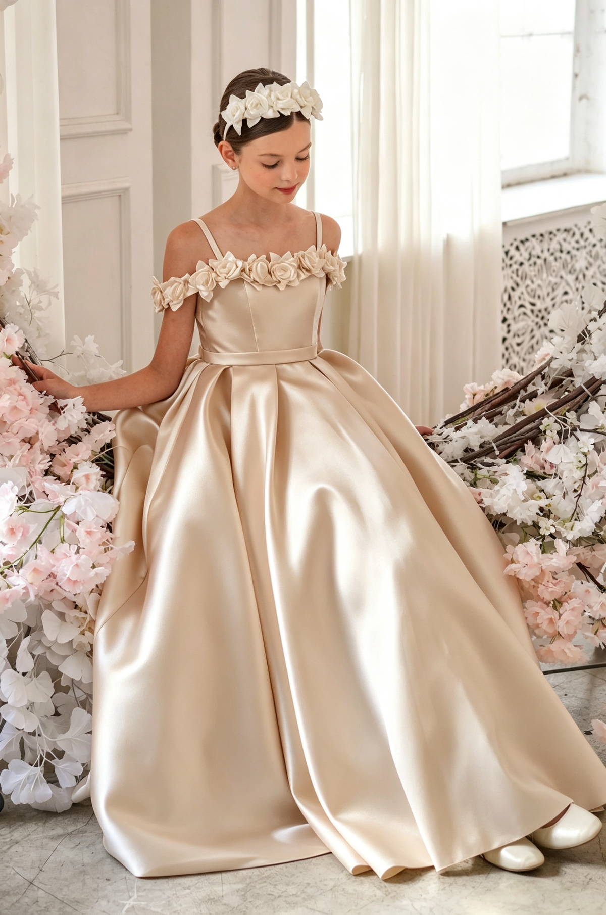 Cream White Satin Off Shoulder Spaghetti Strap A-Line Flower Girl Dress
