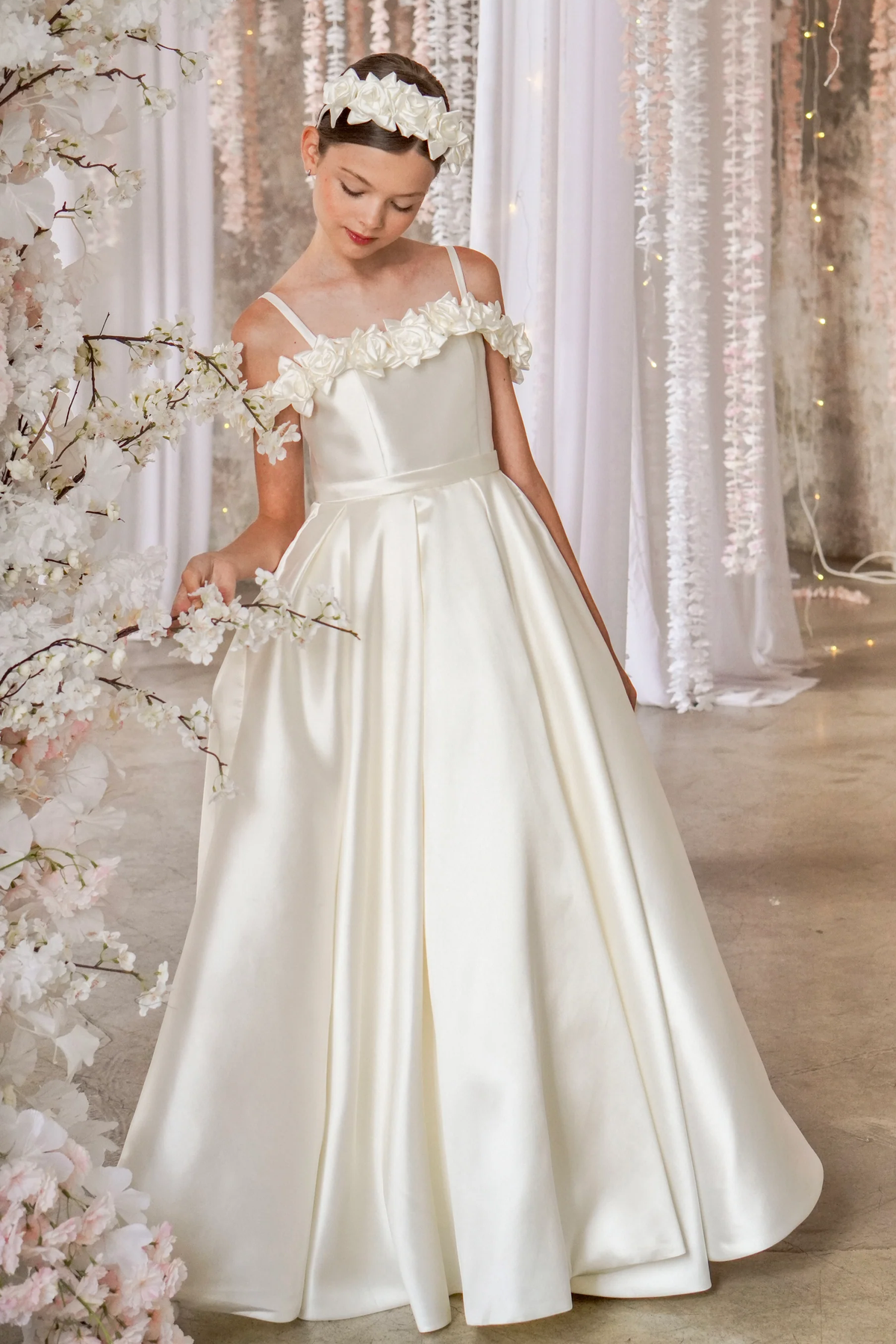 Cream White Satin Off Shoulder Spaghetti Strap A-Line Flower Girl Dress