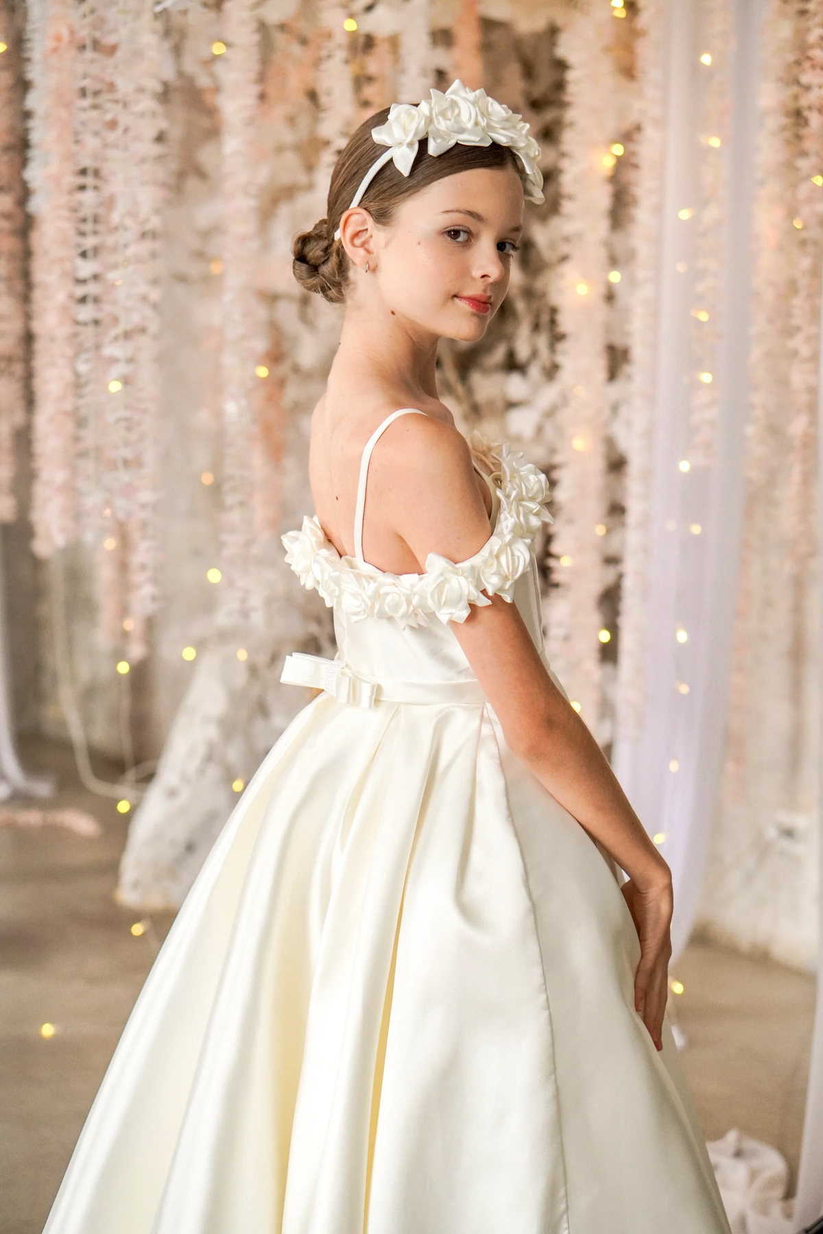 Cream White Satin Off Shoulder Spaghetti Strap A-Line Flower Girl Dress