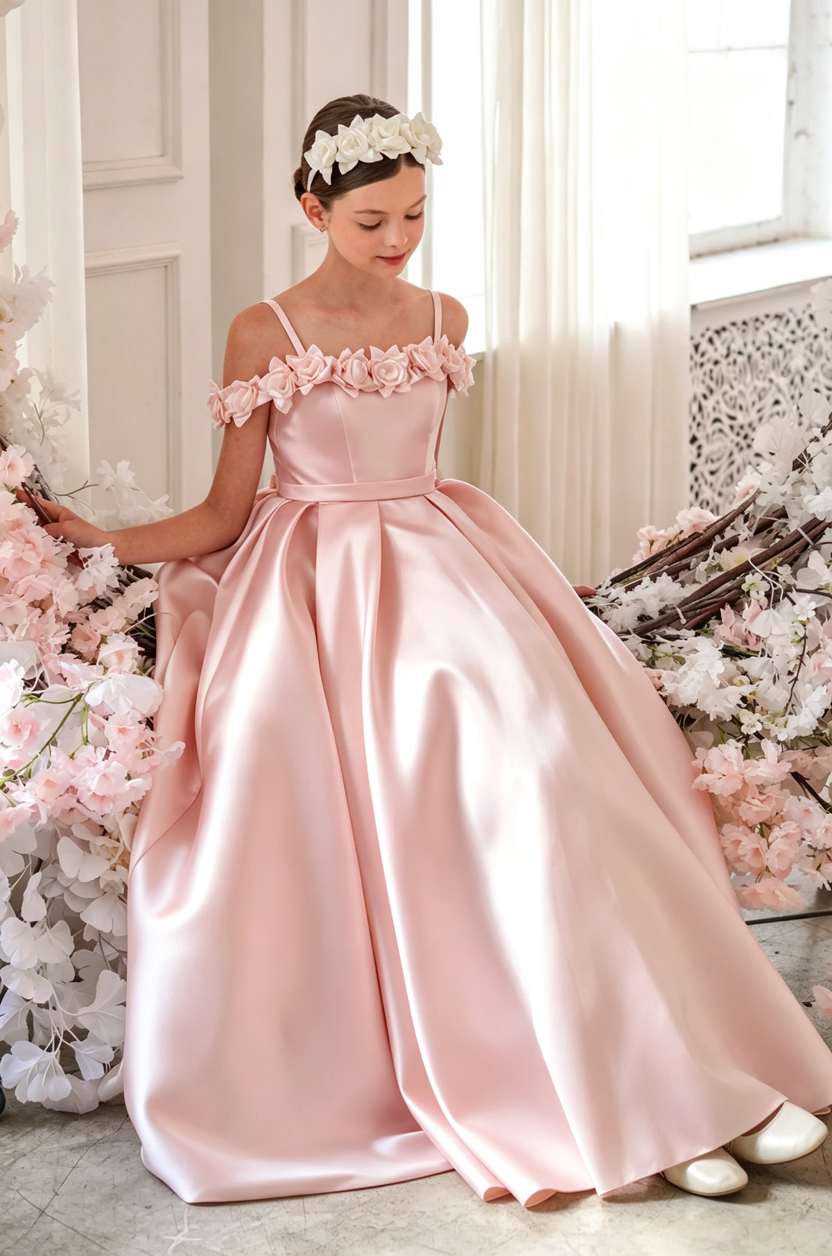 Cream White Satin Off Shoulder Spaghetti Strap A-Line Flower Girl Dress