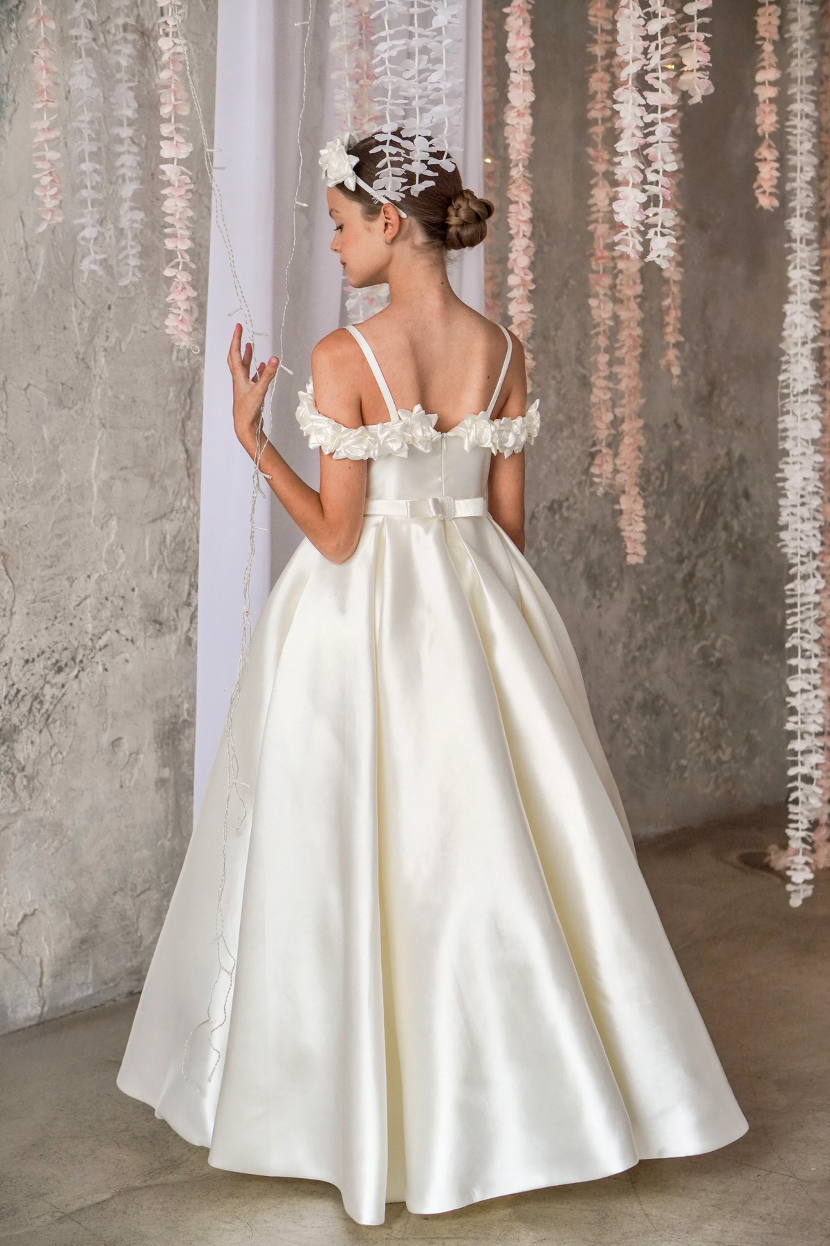 Cream White Satin Off Shoulder Spaghetti Strap A-Line Flower Girl Dress