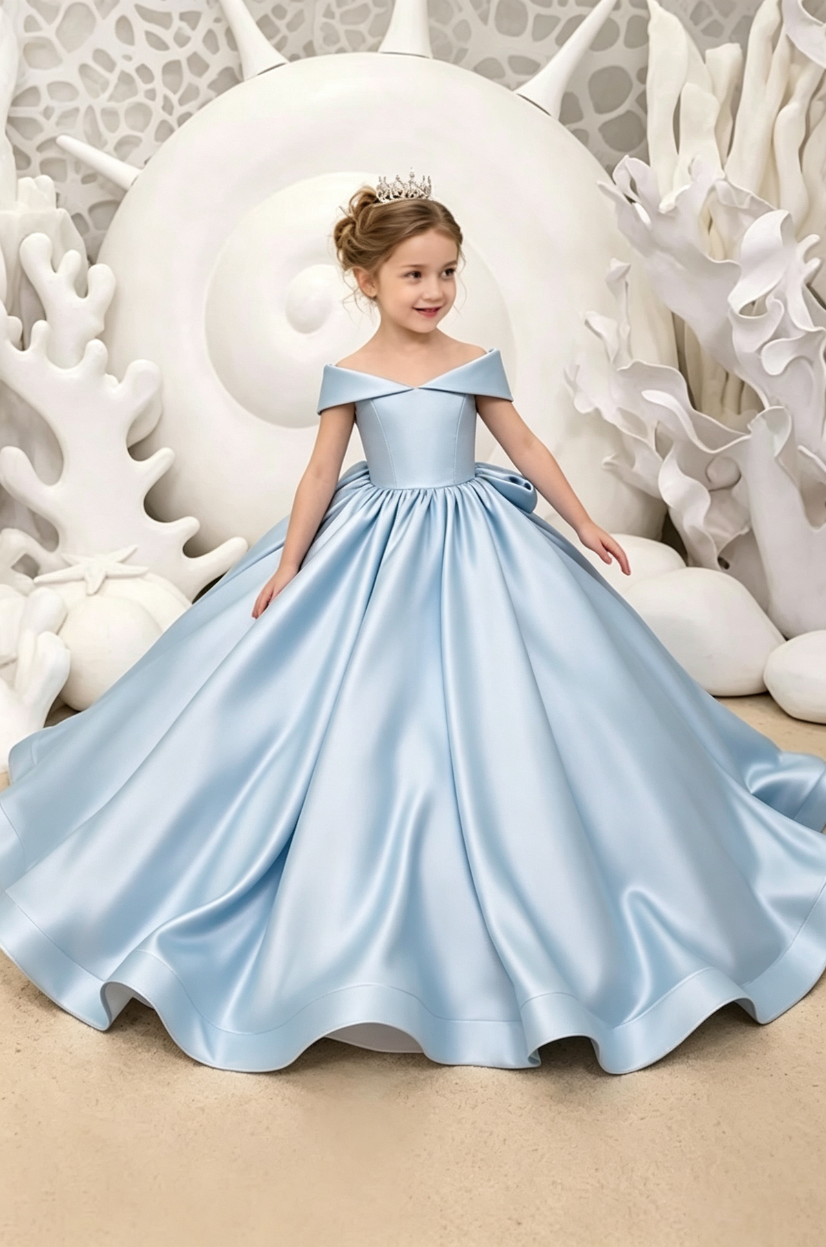 Sky Blue Satin Off Shoulder Oversized Back Bow A-Line Princess Dress