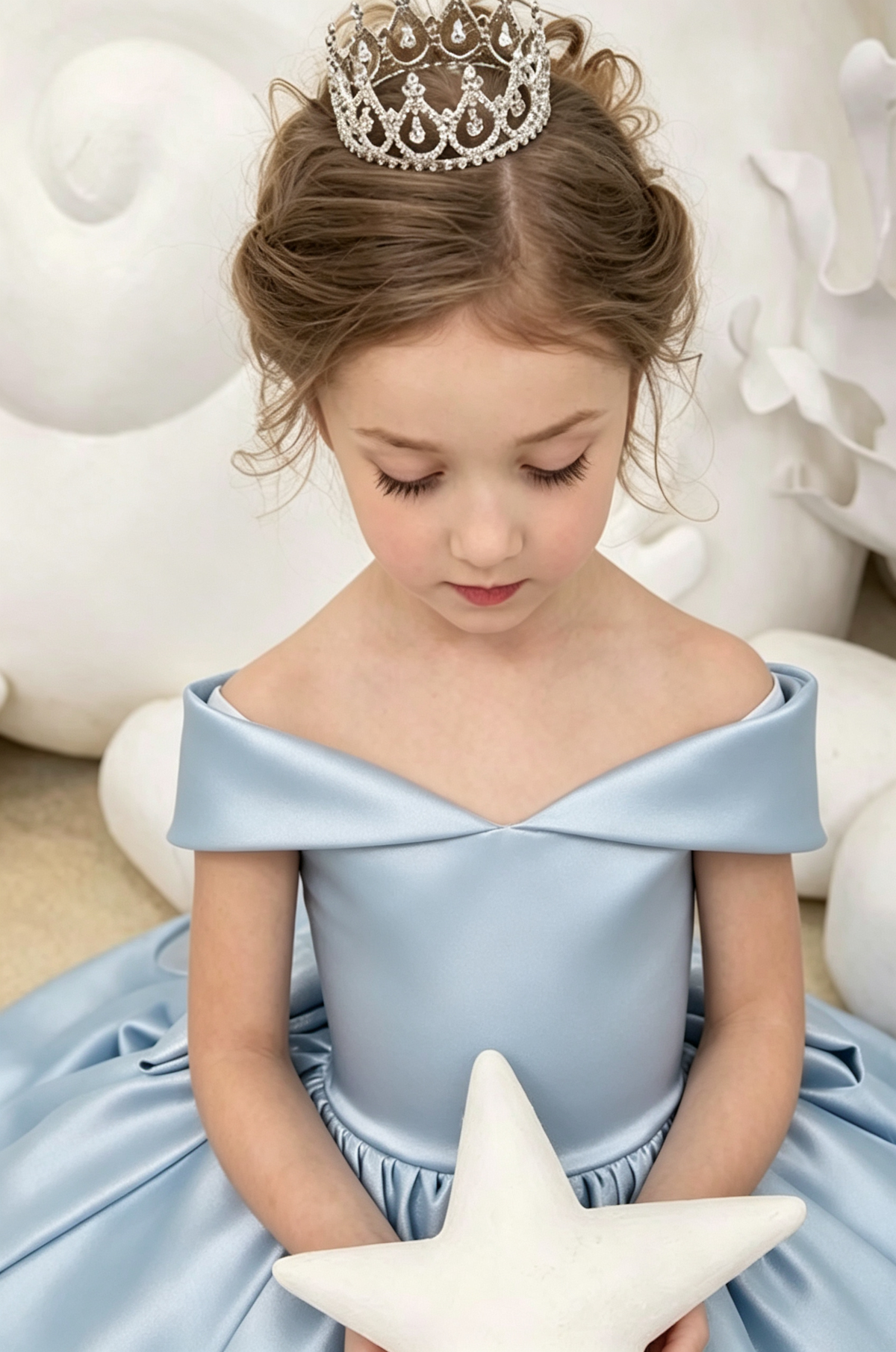 Sky Blue Satin Off Shoulder Oversized Back Bow A-Line Princess Dress