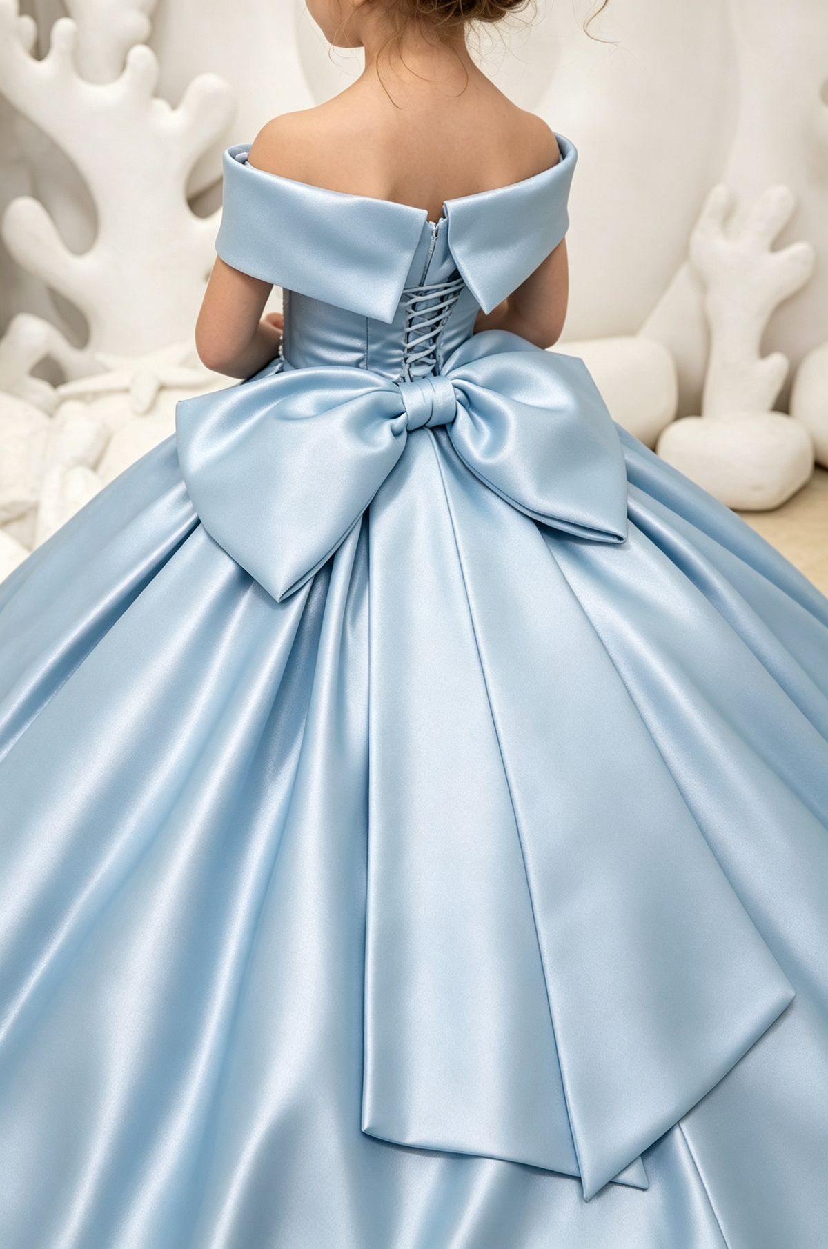Sky Blue Satin Off Shoulder Oversized Back Bow A-Line Princess Dress