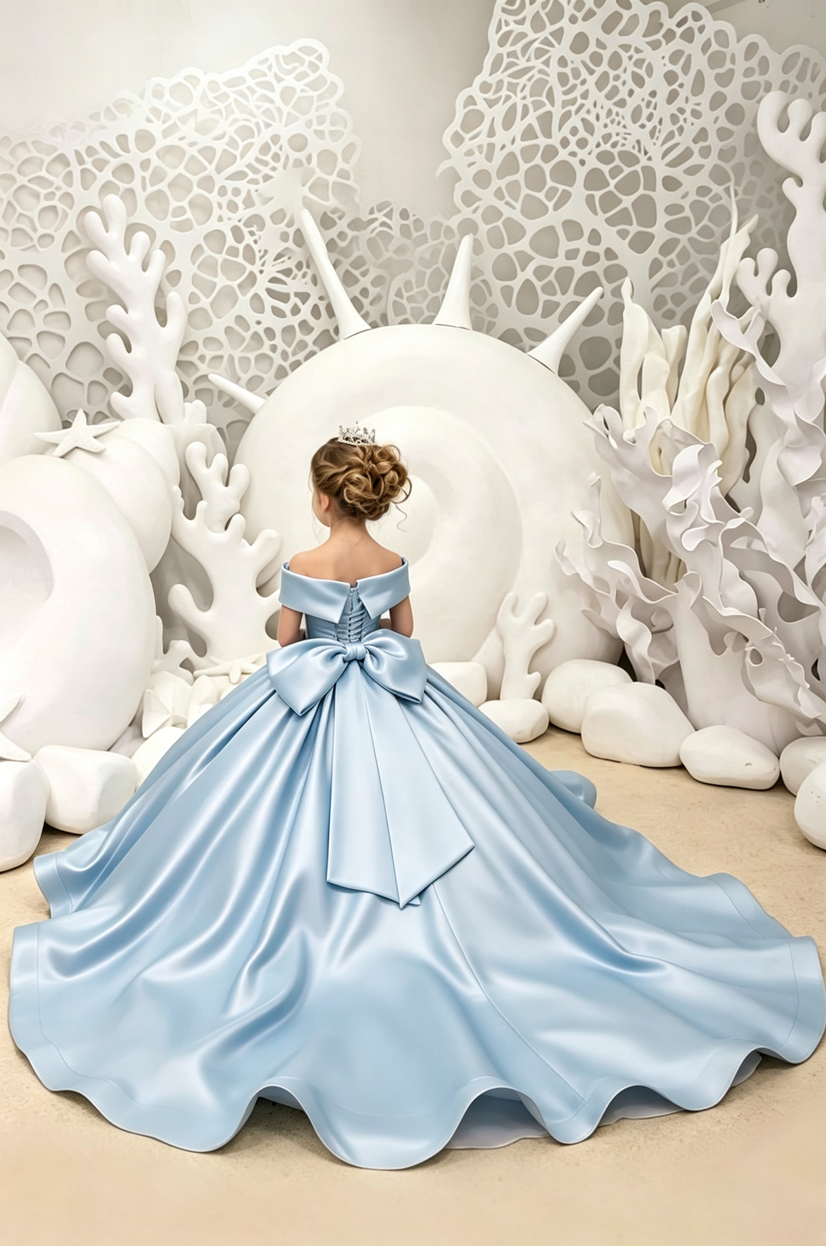 Sky Blue Satin Off Shoulder Oversized Back Bow A-Line Princess Dress