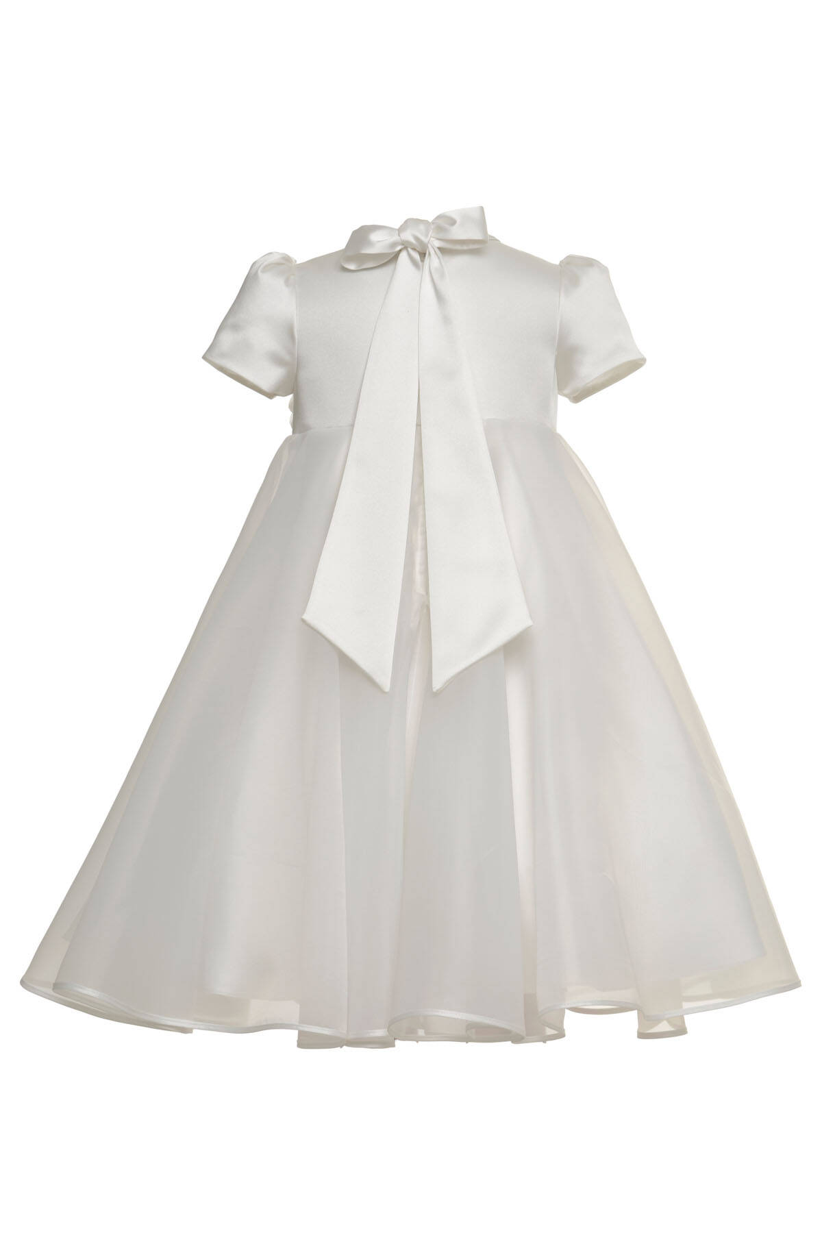 Pink Satin Puff Short Sleeve 3D Flowers Back Bow A-Line Flower Girl Dress