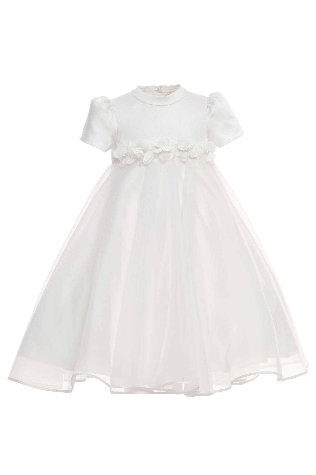 Pink Satin Puff Short Sleeve 3D Flowers Back Bow A-Line Flower Girl Dress