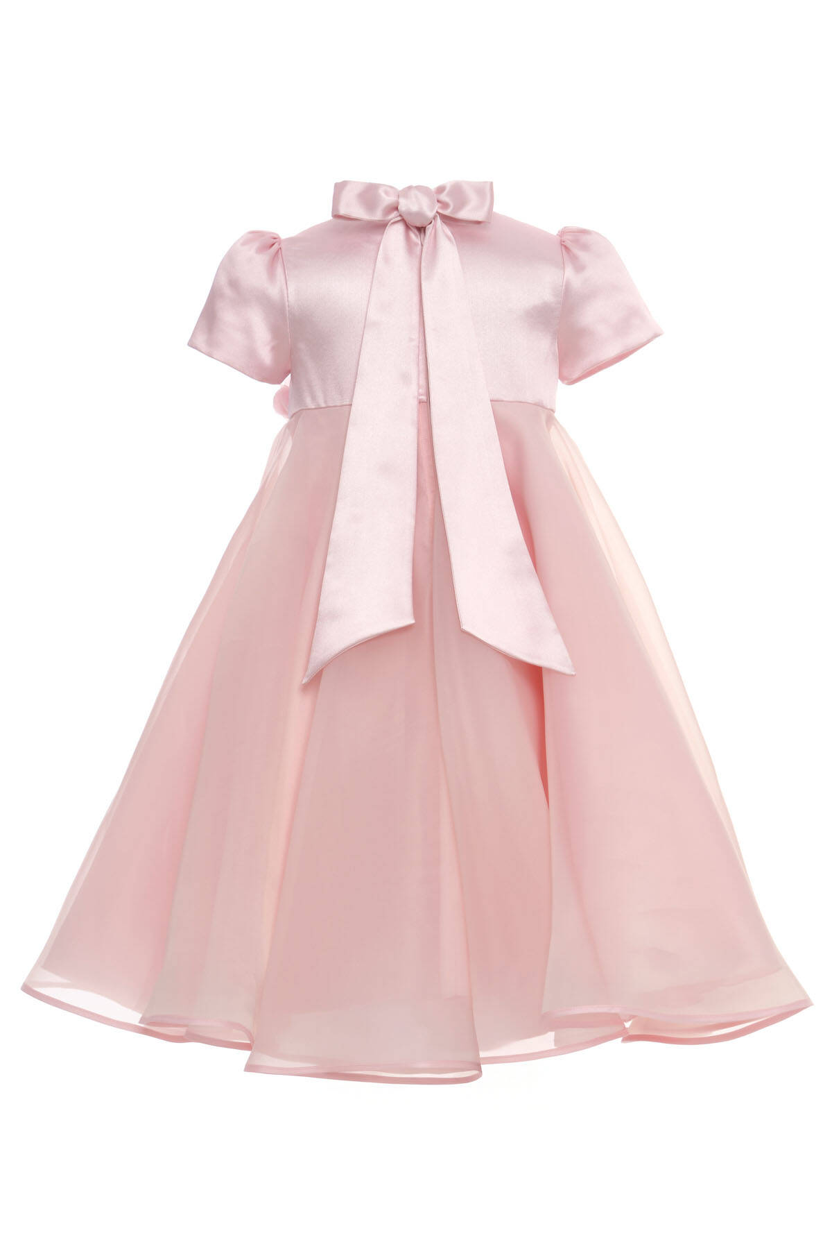 Pink Satin Puff Short Sleeve 3D Flowers Back Bow A-Line Flower Girl Dress
