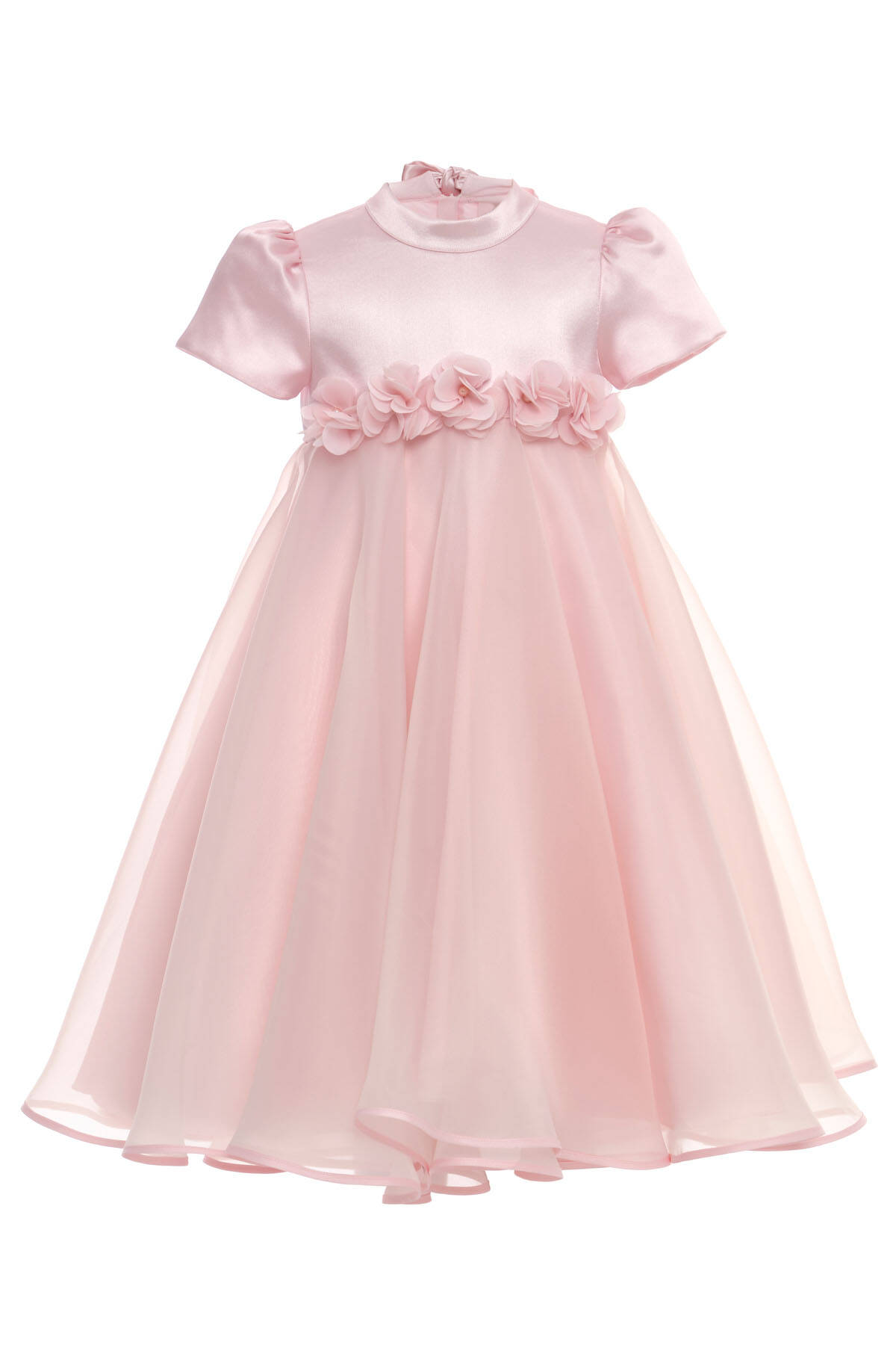 Pink Satin Puff Short Sleeve 3D Flowers Back Bow A-Line Flower Girl Dress