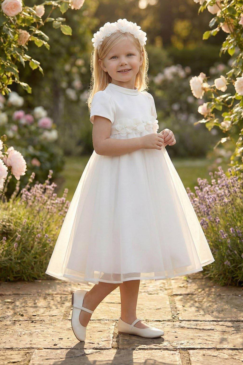 Pink Satin Puff Short Sleeve 3D Flowers Back Bow A-Line Flower Girl Dress