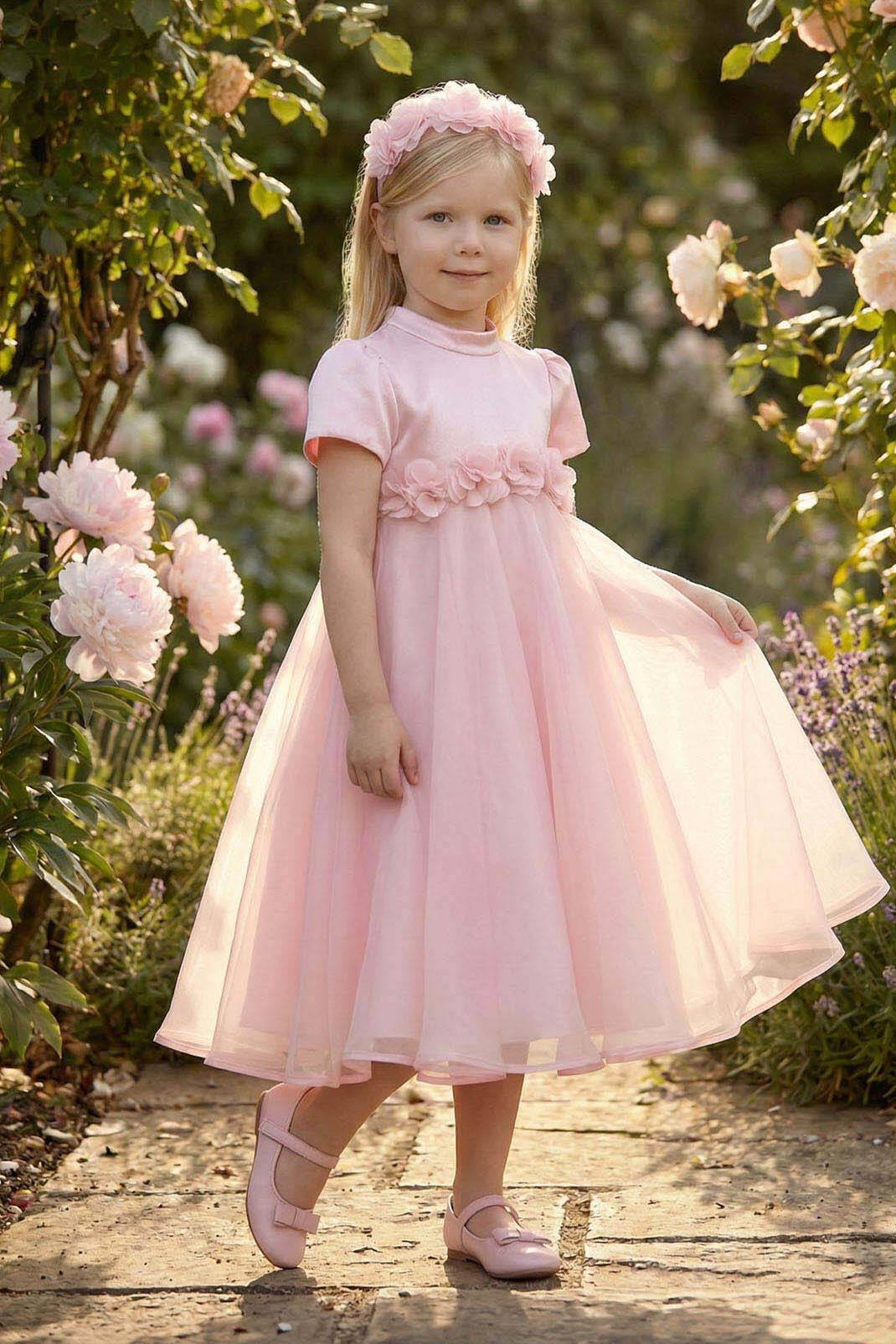 Pink Satin Puff Short Sleeve 3D Flowers Back Bow A-Line Flower Girl Dress