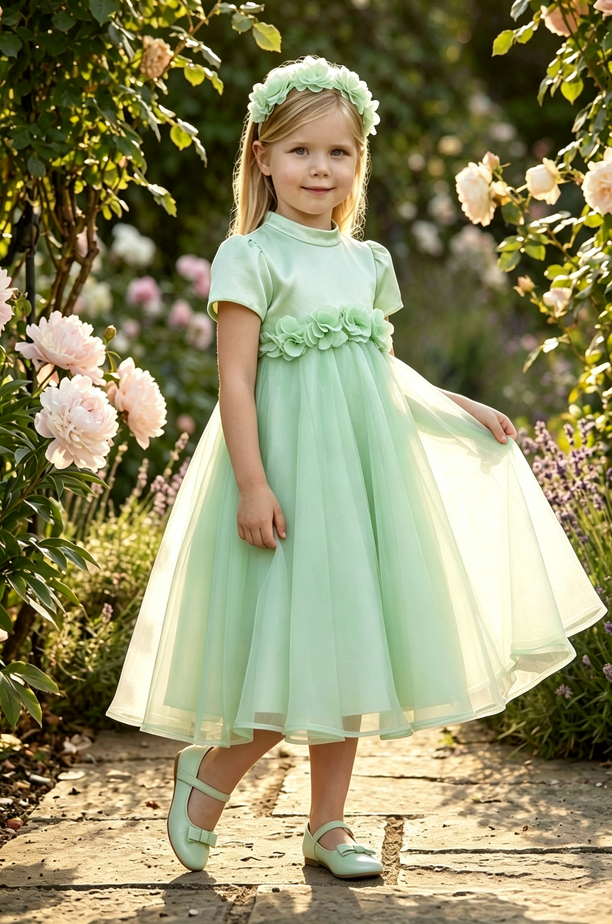 Pink Satin Puff Short Sleeve 3D Flowers Back Bow A-Line Flower Girl Dress