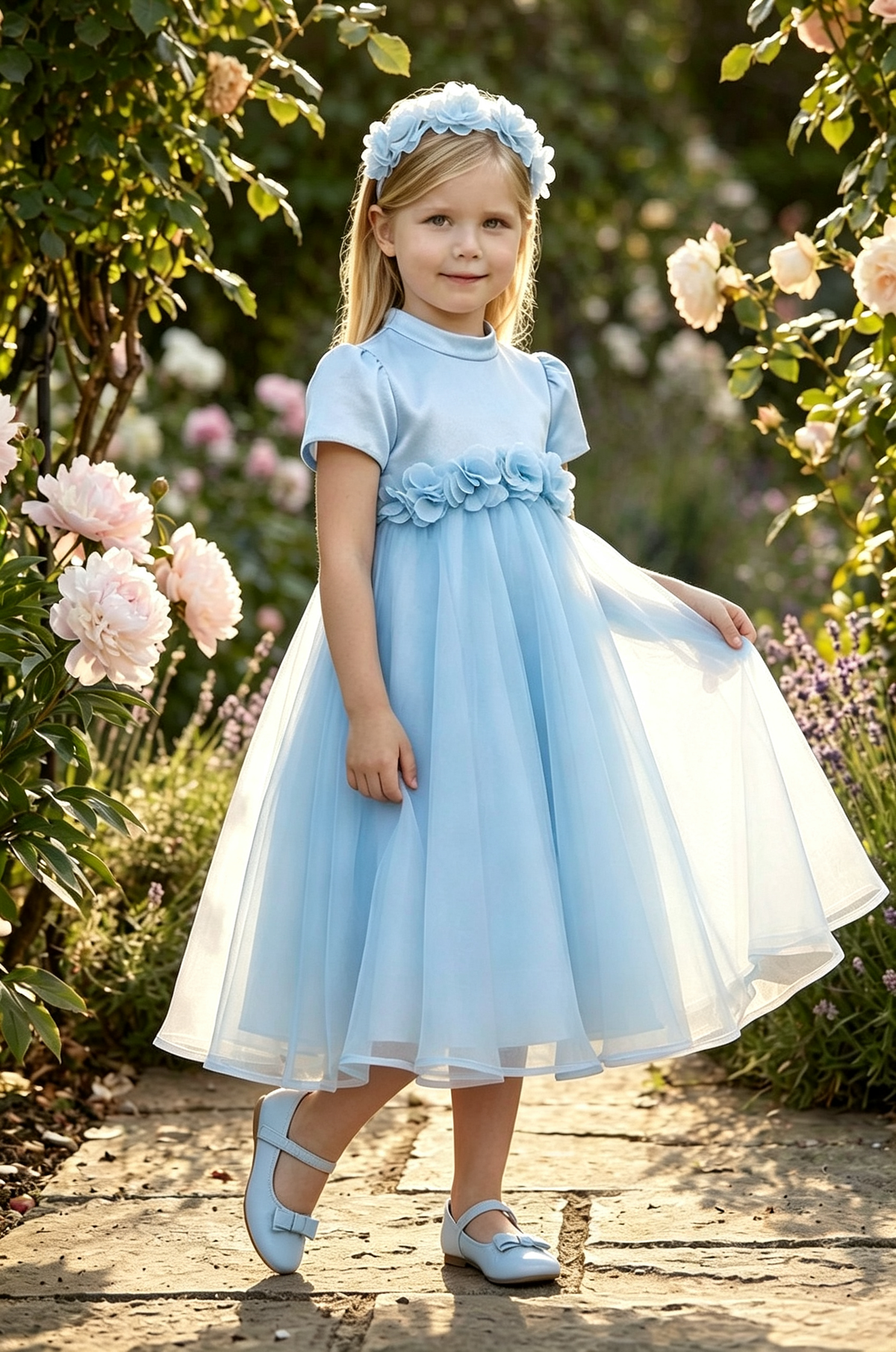 Pink Satin Puff Short Sleeve 3D Flowers Back Bow A-Line Flower Girl Dress