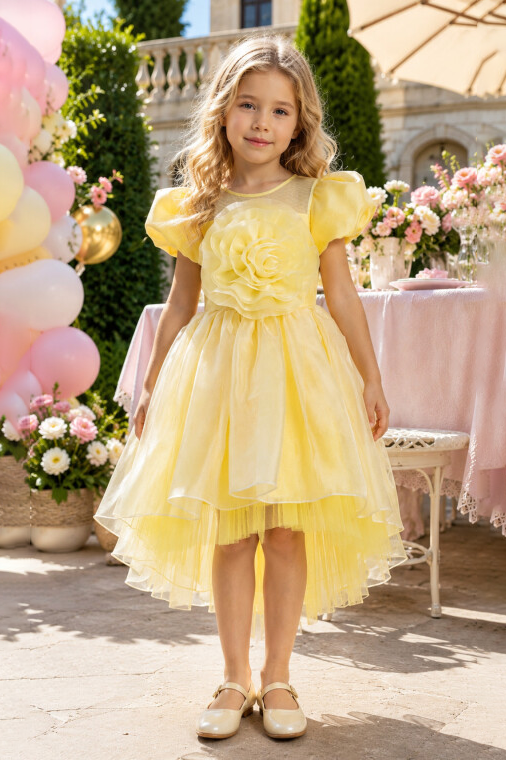Turquoise Organza Large 3D Rose Puff Short Sleeve A-Line Flower Girl Dress