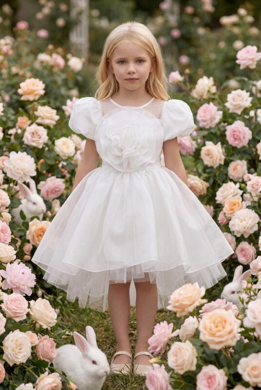 Turquoise Organza Large 3D Rose Puff Short Sleeve A-Line Flower Girl Dress