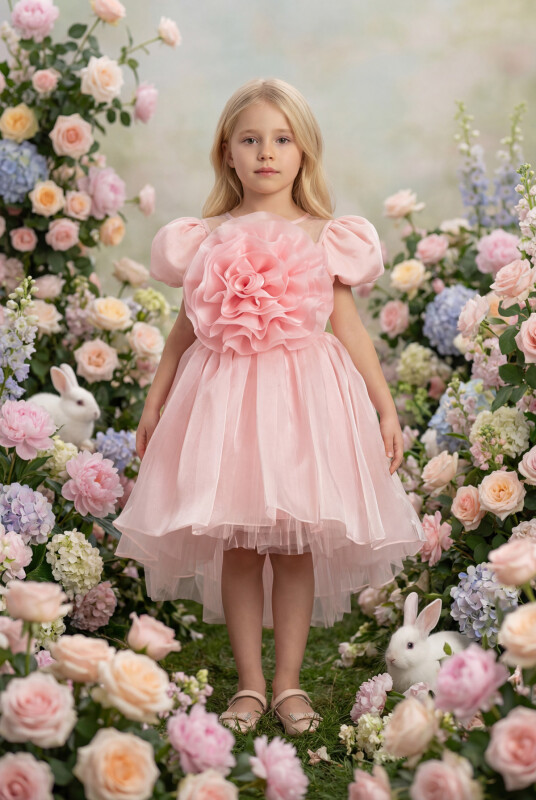 Turquoise Organza Large 3D Rose Puff Short Sleeve A-Line Flower Girl Dress