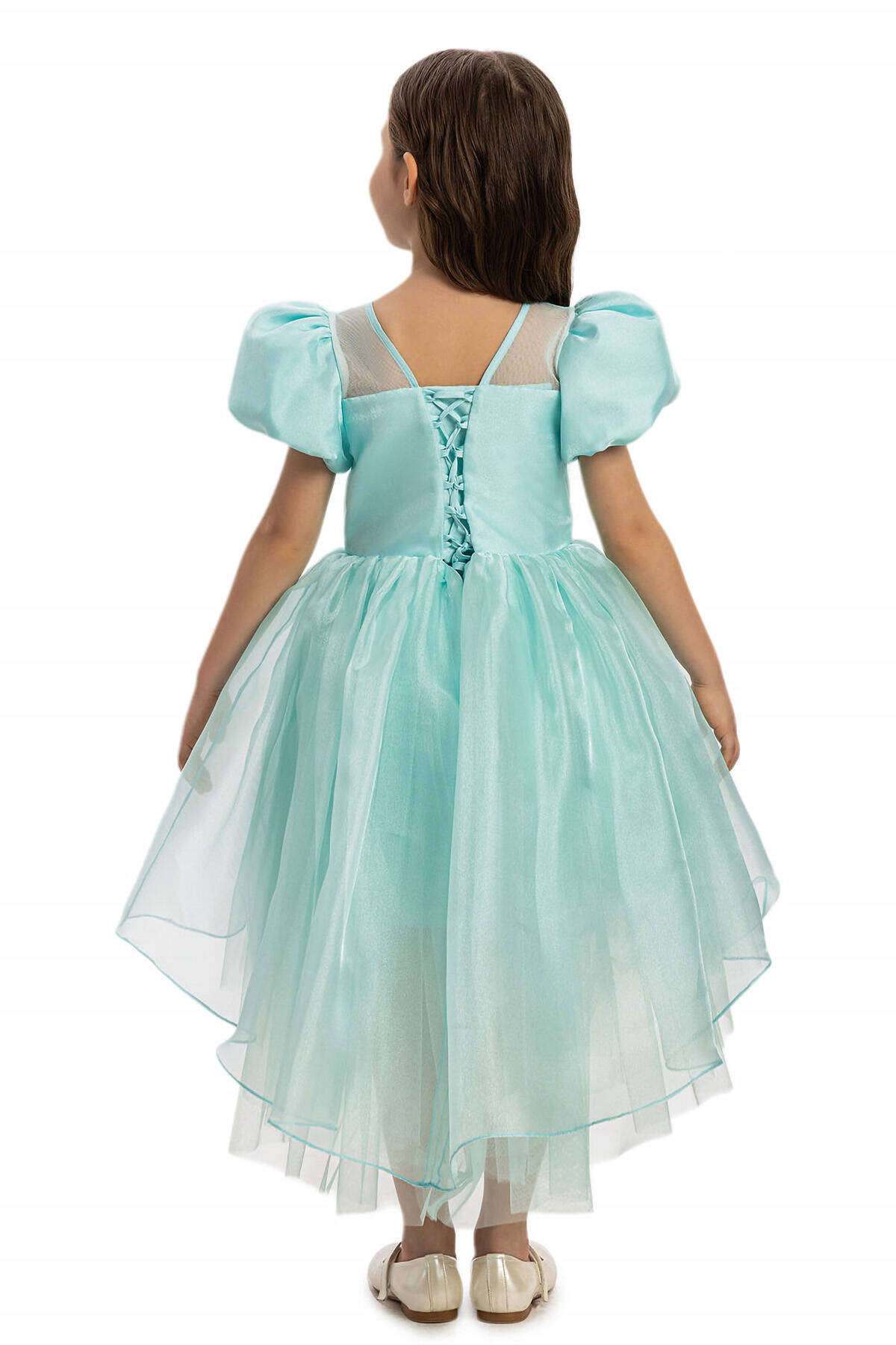 Turquoise Organza Large 3D Rose Puff Short Sleeve A-Line Flower Girl Dress