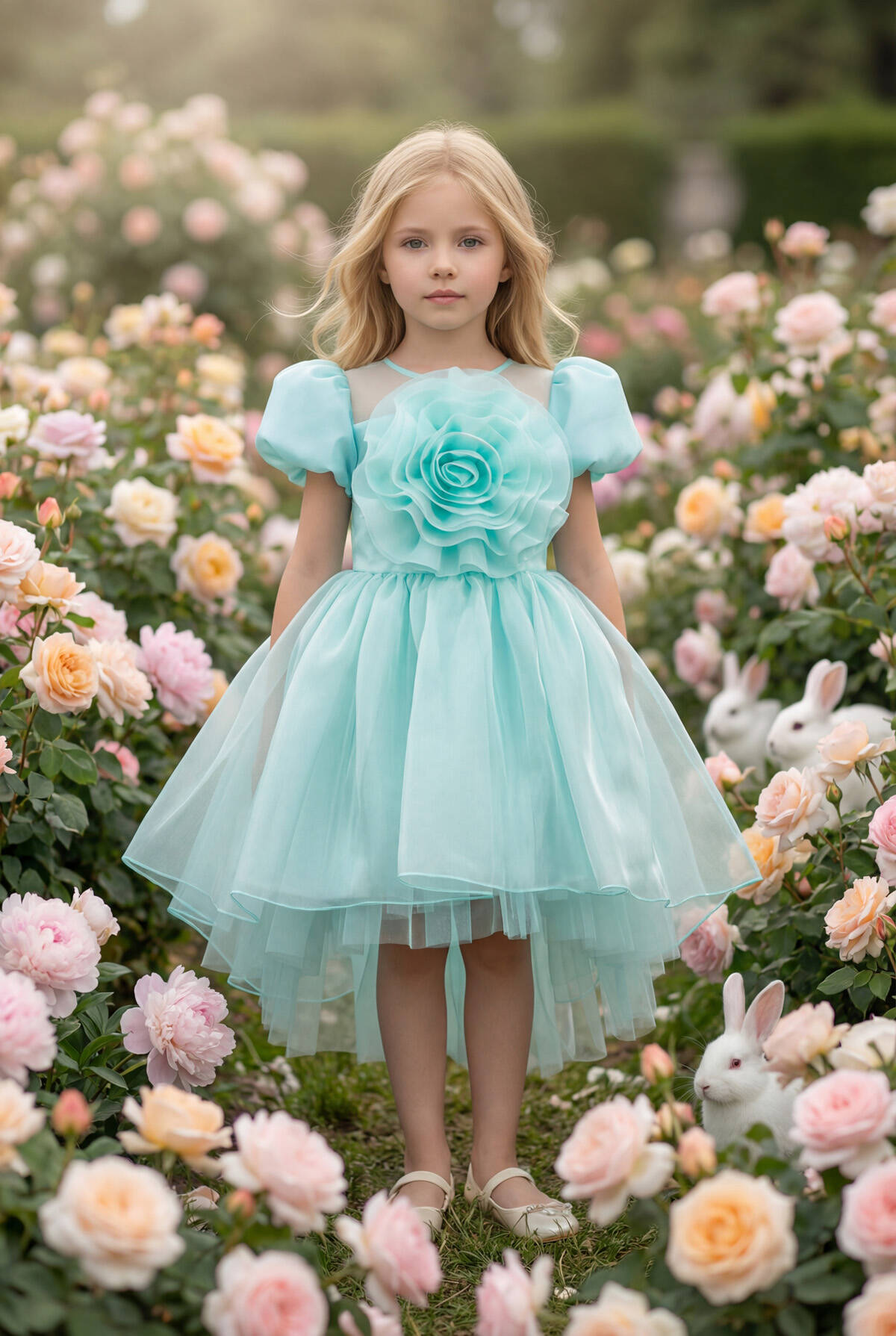 Turquoise Organza Large 3D Rose Puff Short Sleeve A-Line Flower Girl Dress
