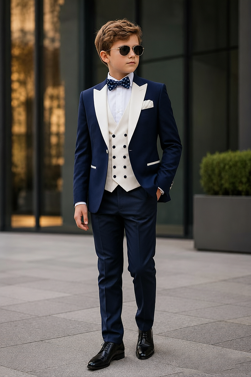 Navy & Cream Contrast Double Breasted Tuxedo 3 Piece Suit