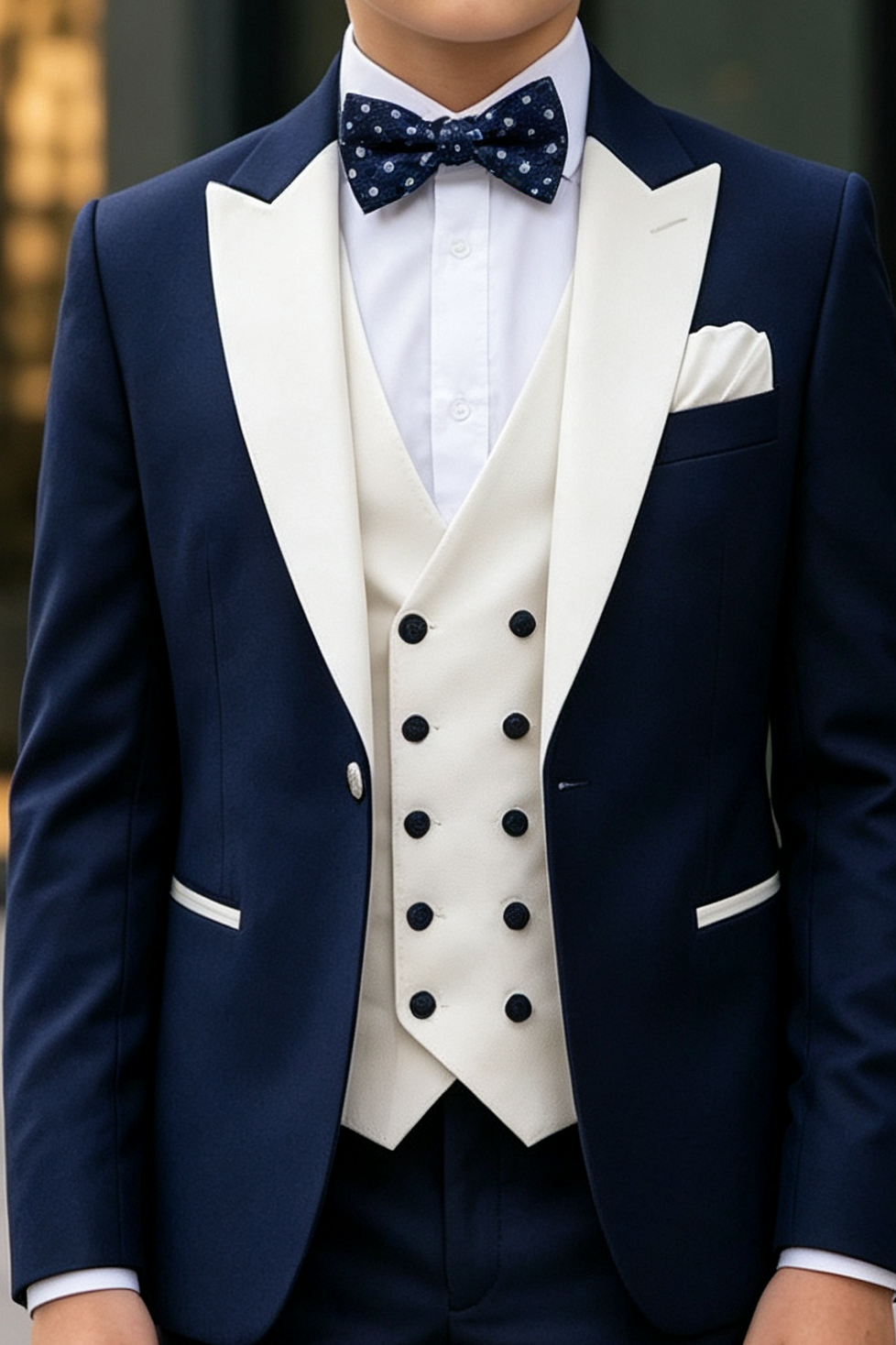 Navy & Cream Contrast Double Breasted Tuxedo 3 Piece Suit