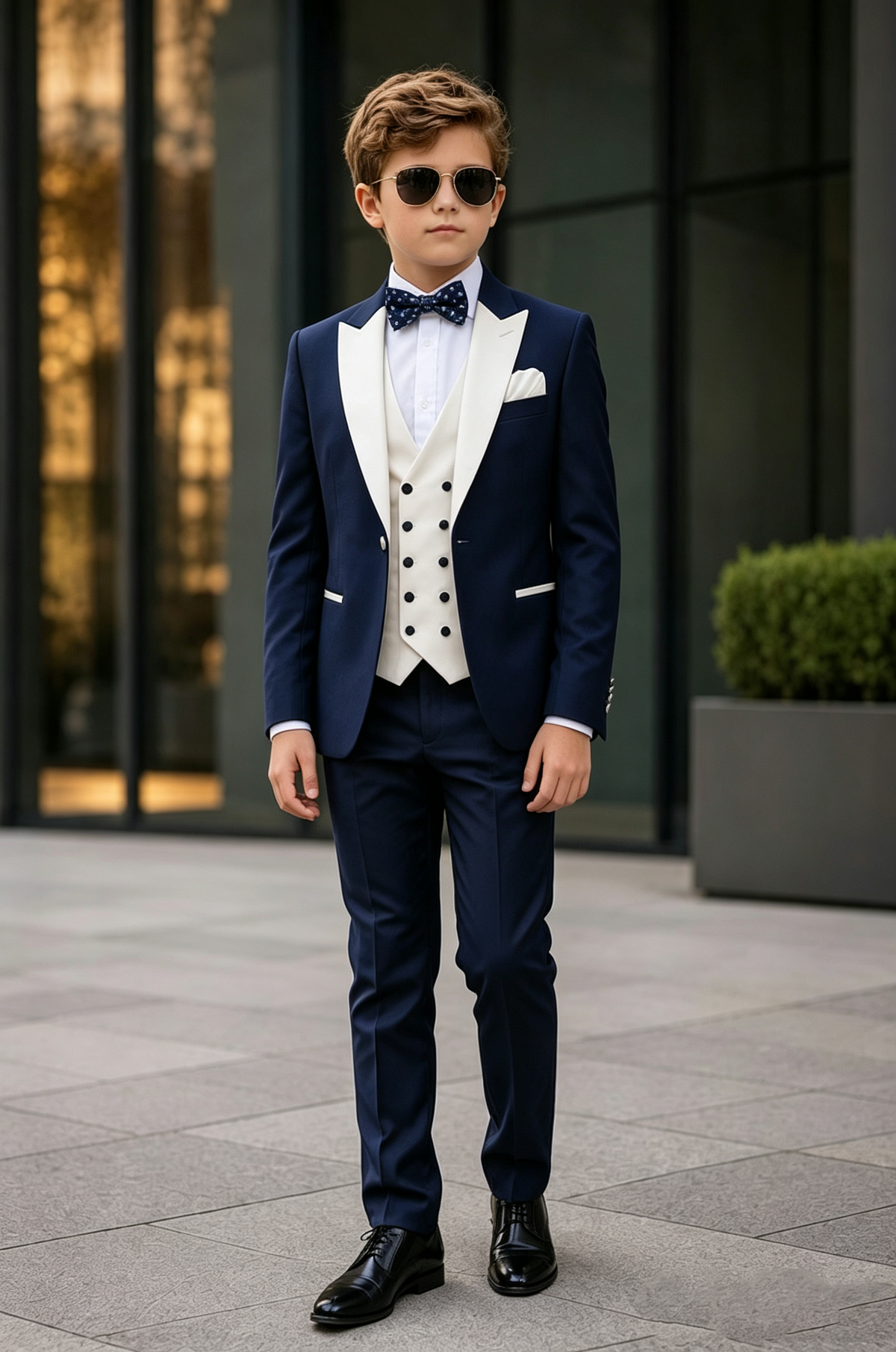 Navy & Cream Contrast Double Breasted Tuxedo 3 Piece Suit