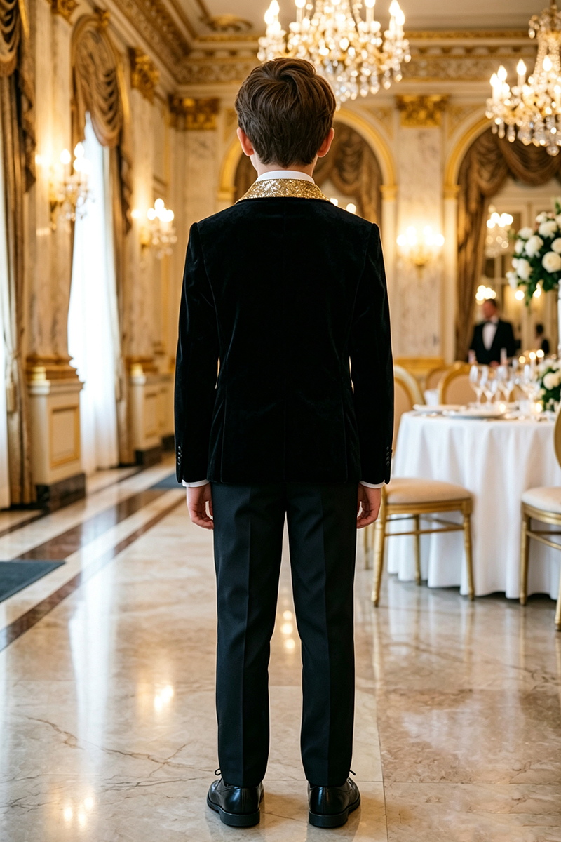 Boys Black Velvet Tuxedo with Gold Sequin Shawl Lapel 2-Piece Suit
