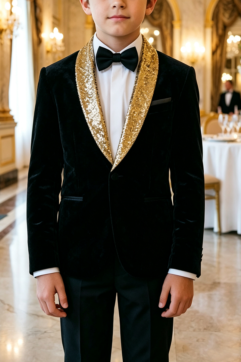 Boys Black Velvet Tuxedo with Gold Sequin Shawl Lapel 2-Piece Suit