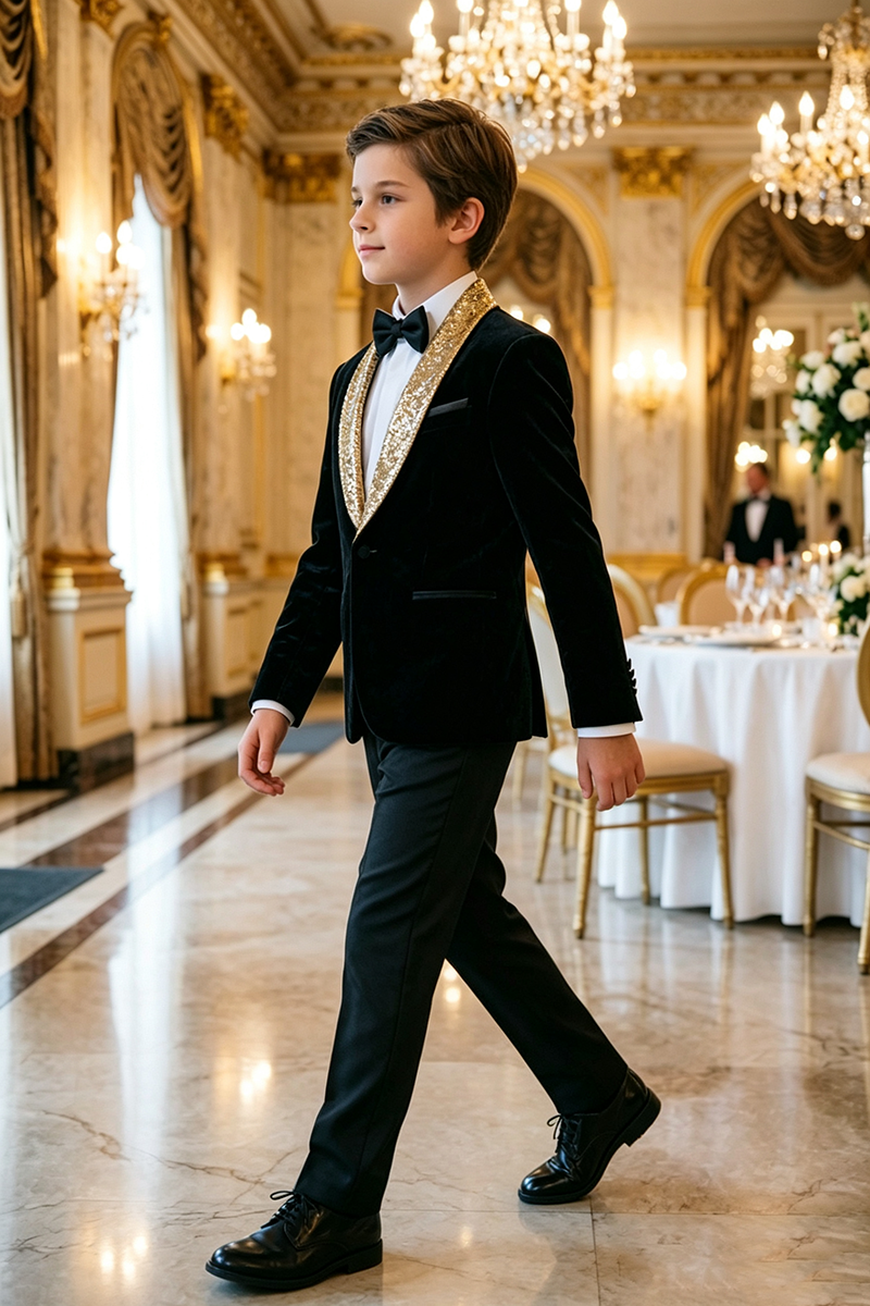 Boys Black Velvet Tuxedo with Gold Sequin Shawl Lapel 2-Piece Suit