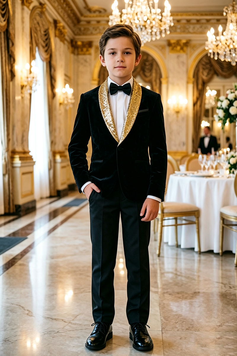 Boys Black Velvet Tuxedo with Gold Sequin Shawl Lapel 2-Piece Suit