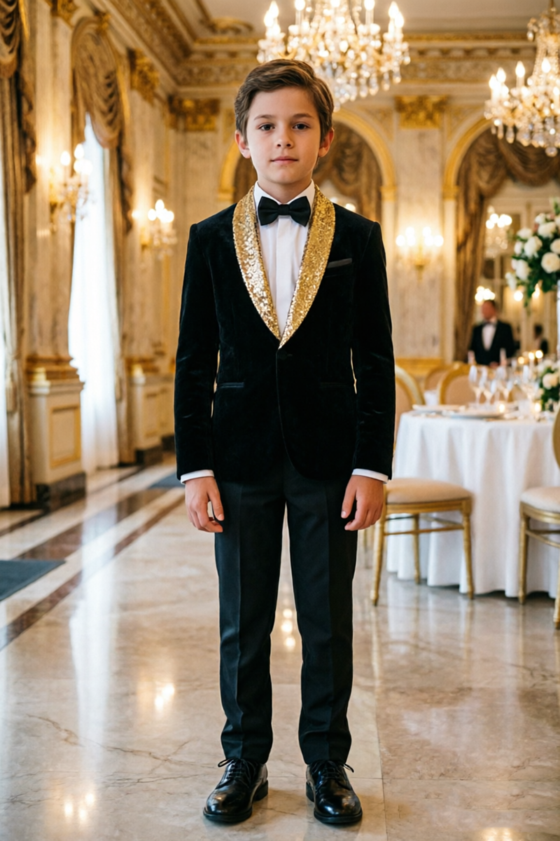 Boys Black Velvet Tuxedo with Gold Sequin Shawl Lapel 2-Piece Suit