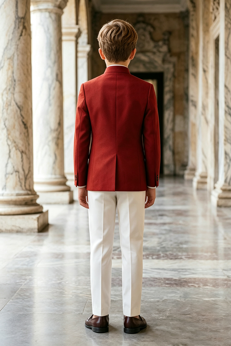 Boys Red Mandarin Collar Blazer & Ivory Trousers 2-Piece Suit