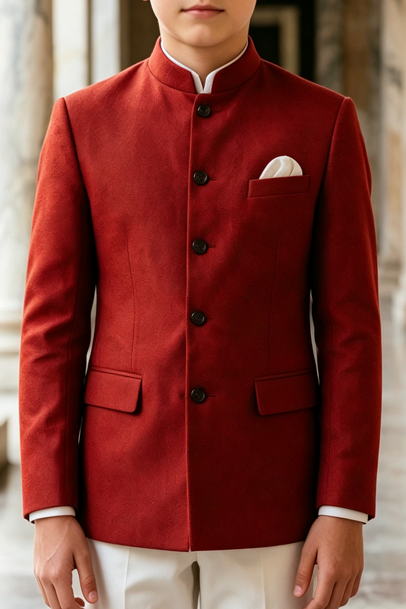 Boys Red Mandarin Collar Blazer & Ivory Trousers 2-Piece Suit