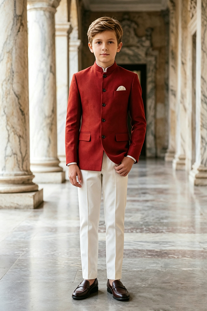 Boys Red Mandarin Collar Blazer & Ivory Trousers 2-Piece Suit