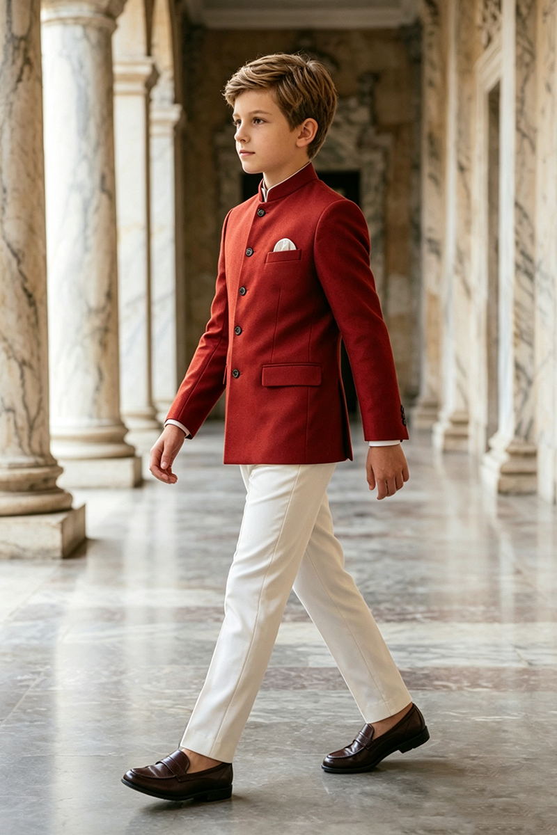 Boys Red Mandarin Collar Blazer & Ivory Trousers 2-Piece Suit