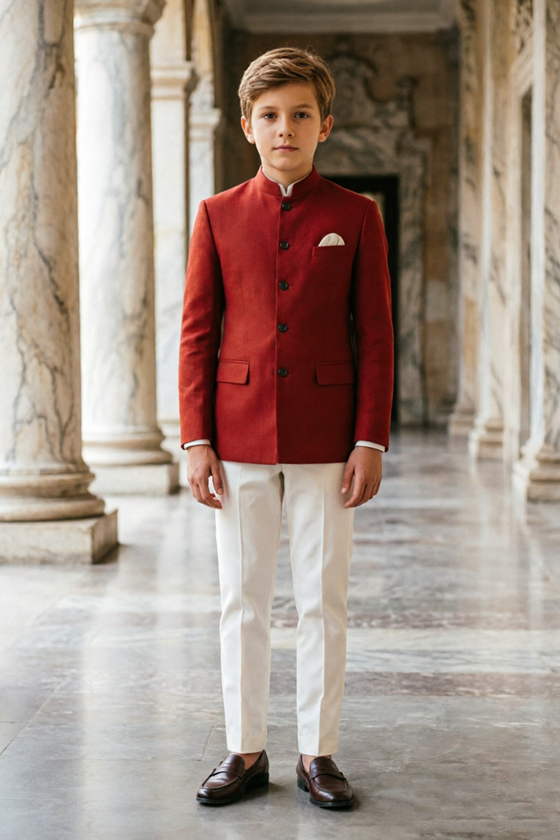 Boys Red Mandarin Collar Blazer & Ivory Trousers 2-Piece Suit
