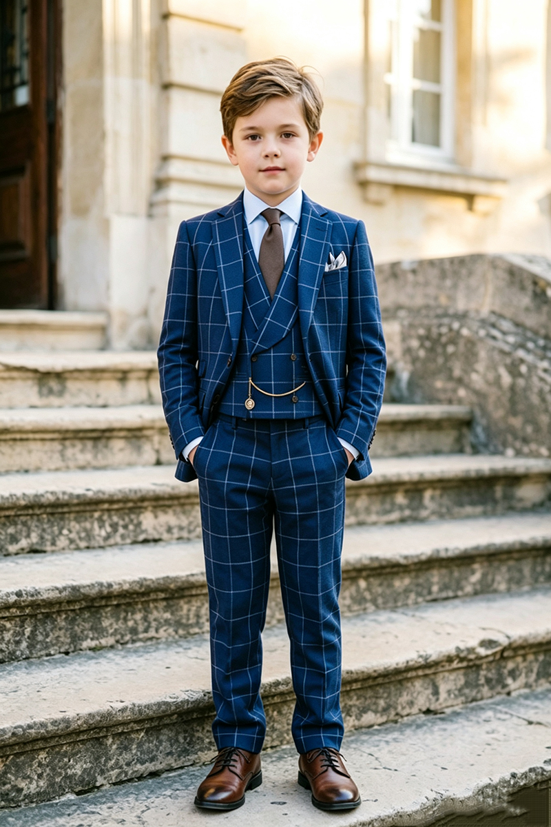 Boys Navy Windowpane Plaid with Notch Lapel 3-Piece Suit