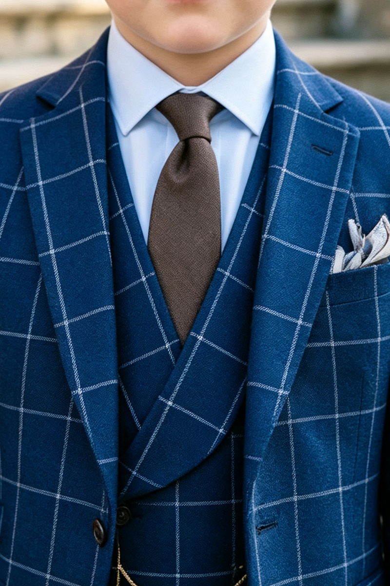 Boys Navy Windowpane Plaid with Notch Lapel 3-Piece Suit