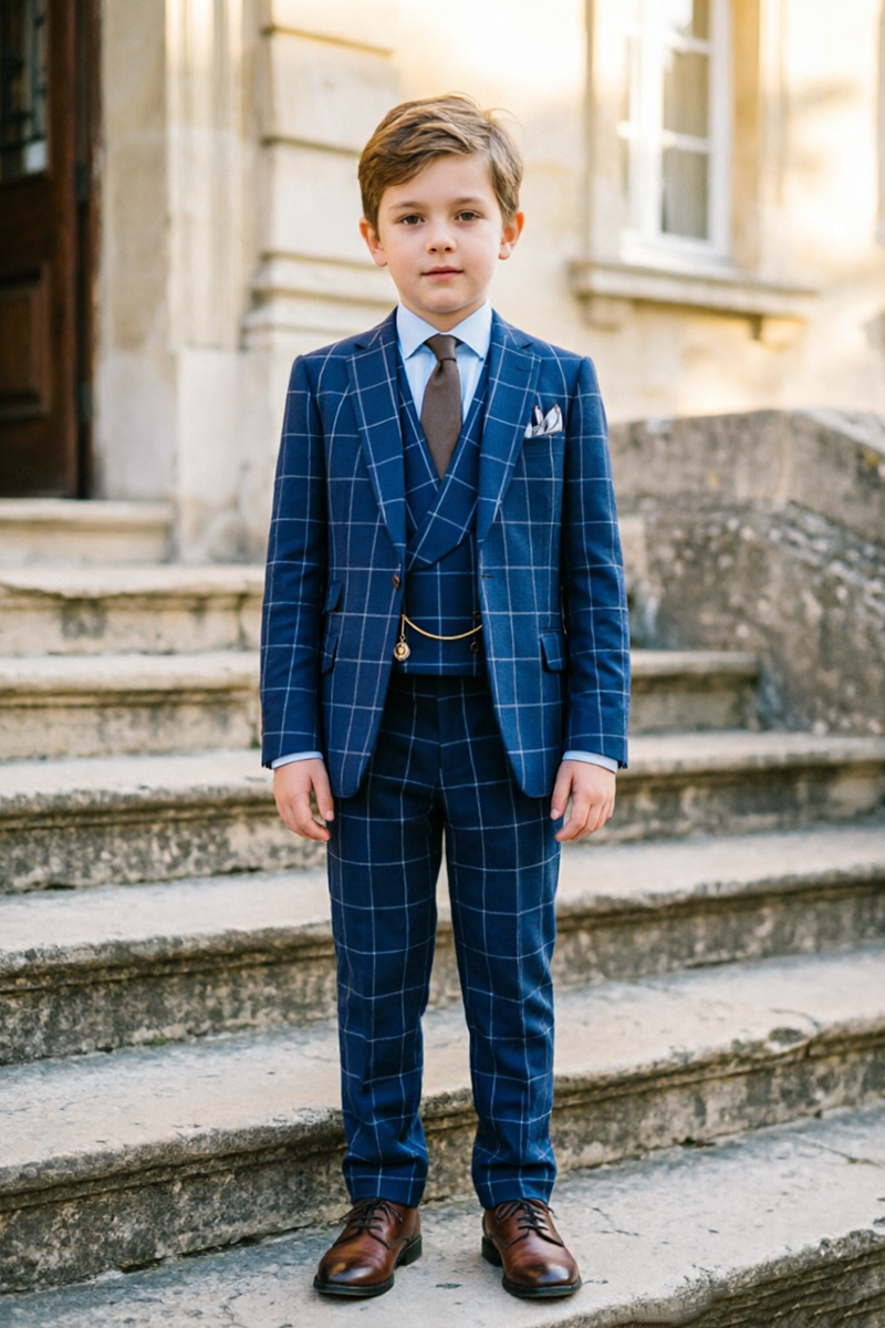 Boys Navy Windowpane Plaid with Notch Lapel 3-Piece Suit