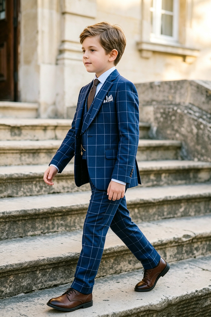 Boys Navy Windowpane Plaid with Notch Lapel 3-Piece Suit
