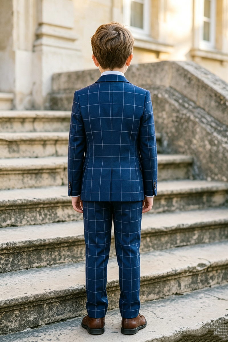 Boys Navy Windowpane Plaid with Notch Lapel 3-Piece Suit
