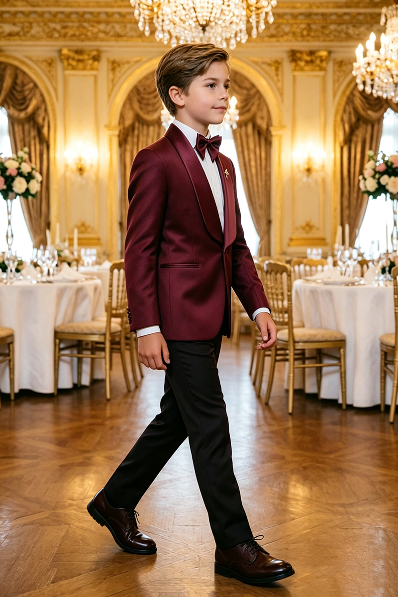 Boys Burgundy Tuxedo with Satin Shawl Lapel 2-Piece Suit for Weddings