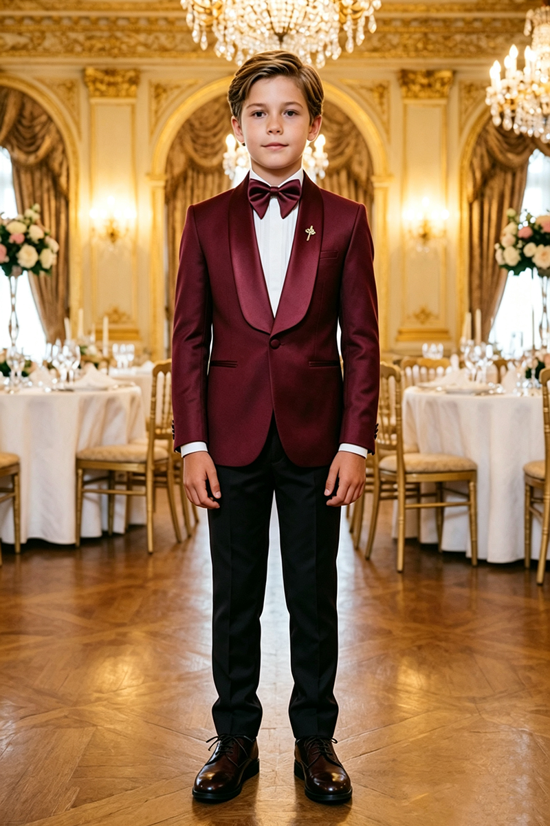 Boys Burgundy Tuxedo with Satin Shawl Lapel 2-Piece Suit for Weddings