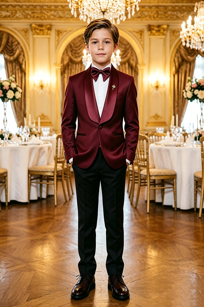 Boys Burgundy Tuxedo with Satin Shawl Lapel 2-Piece Suit for Weddings