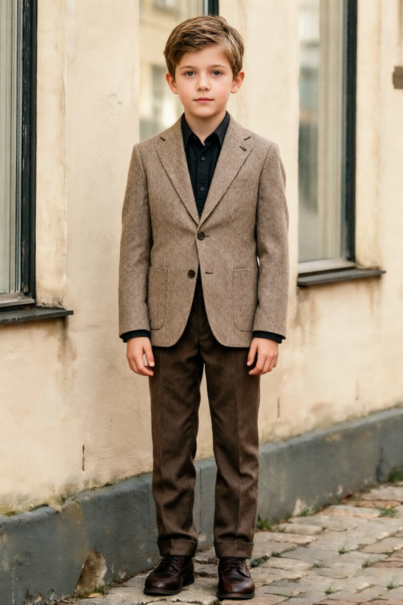 Boys Taupe Tweed with Notch Lapel 2-Piece Suit for Weddings