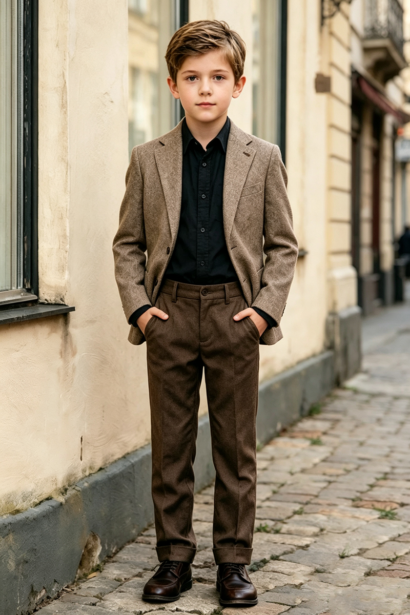 Boys Taupe Tweed with Notch Lapel 2-Piece Suit for Weddings